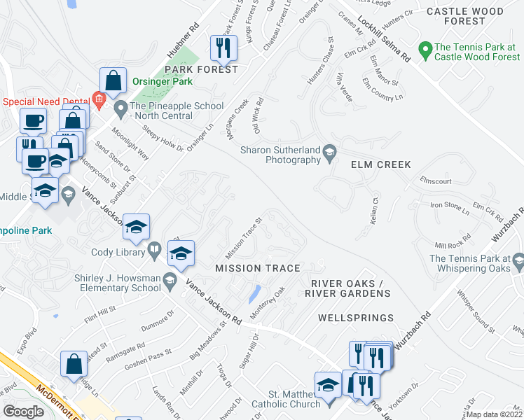 map of restaurants, bars, coffee shops, grocery stores, and more near 11818 Mission Trace Street in San Antonio