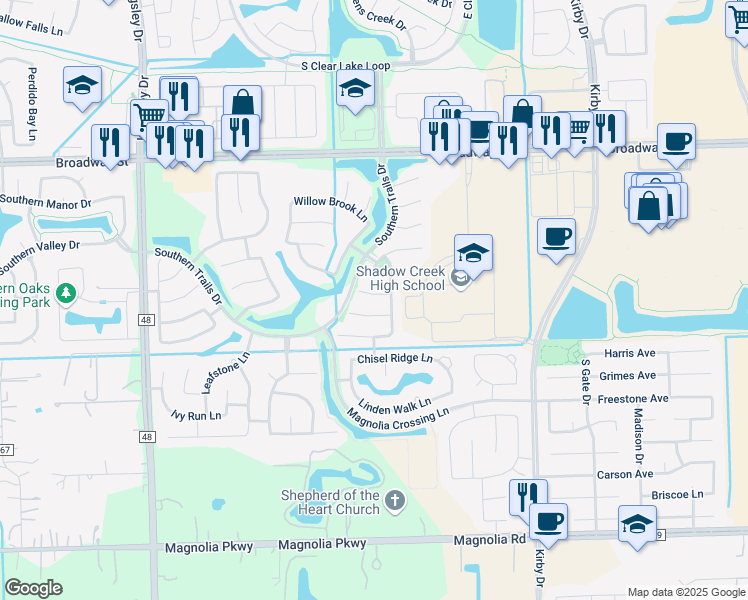 map of restaurants, bars, coffee shops, grocery stores, and more near 12008 Dawn Mist Court in Pearland