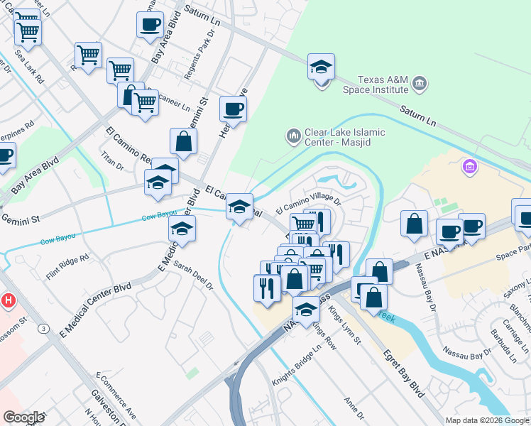 map of restaurants, bars, coffee shops, grocery stores, and more near 17467 El Camino Real in Houston