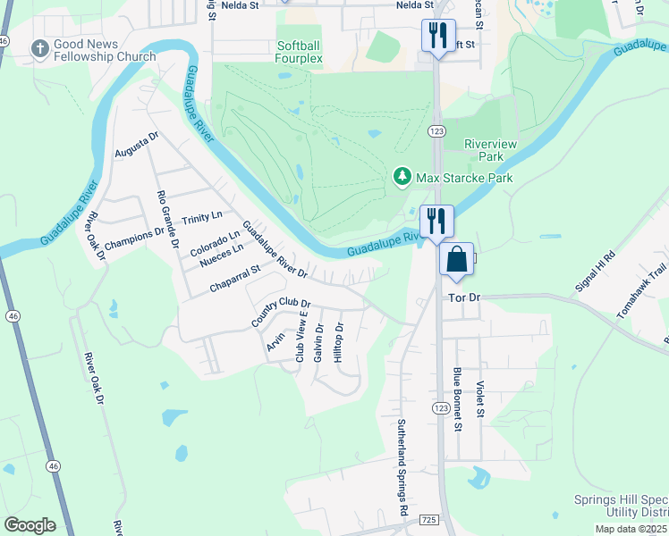 map of restaurants, bars, coffee shops, grocery stores, and more near 150 Guadalupe River Drive in Seguin