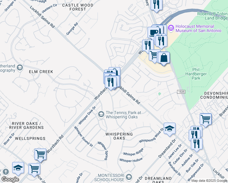 map of restaurants, bars, coffee shops, grocery stores, and more near 11850 Wurzbach Road in San Antonio