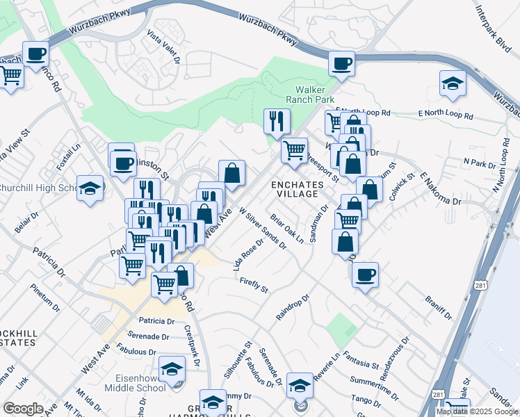 map of restaurants, bars, coffee shops, grocery stores, and more near 11803 Petal Drive in San Antonio