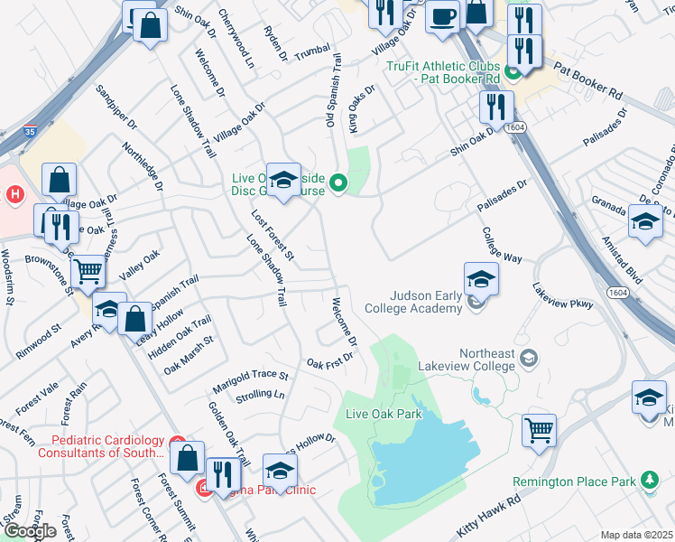 map of restaurants, bars, coffee shops, grocery stores, and more near 12208 Welcome Drive in San Antonio