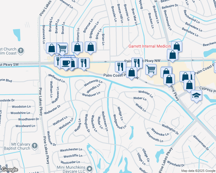 map of restaurants, bars, coffee shops, grocery stores, and more near 81 Wentworth Lane in Palm Coast
