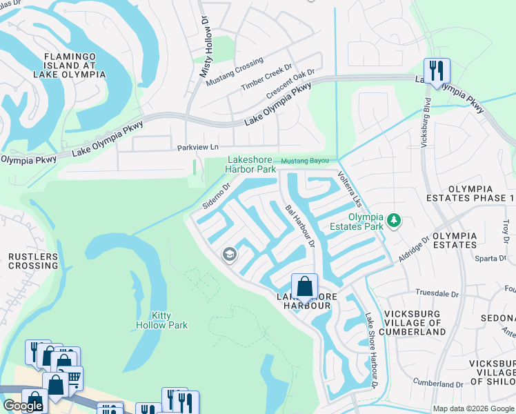 map of restaurants, bars, coffee shops, grocery stores, and more near 2311 Terracina Court in Missouri City