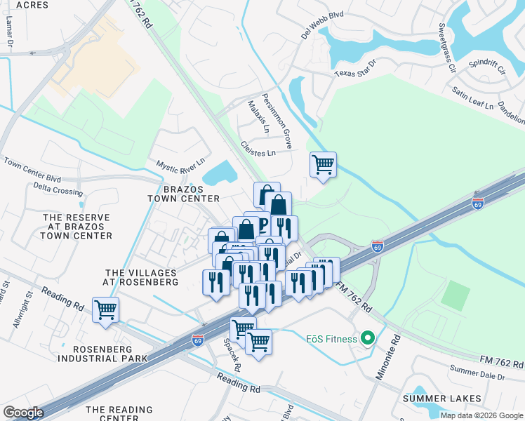 map of restaurants, bars, coffee shops, grocery stores, and more near 3427 Harvest Meadow Lane in Rosenberg