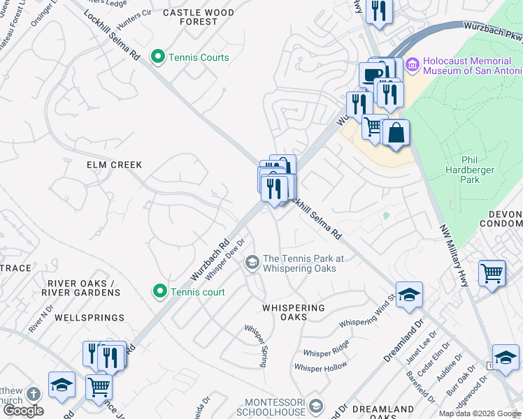 map of restaurants, bars, coffee shops, grocery stores, and more near 11750 Wurzbach Road in San Antonio