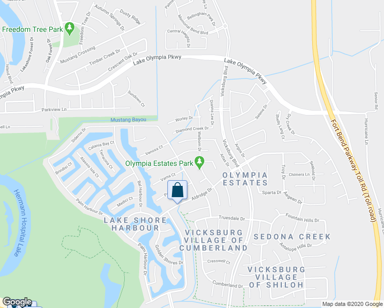 map of restaurants, bars, coffee shops, grocery stores, and more near 3611 Fallbrook Drive in Missouri City