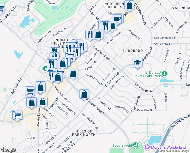 map of restaurants, bars, coffee shops, grocery stores, and more near 11939 Alamo Blanco Street in San Antonio
