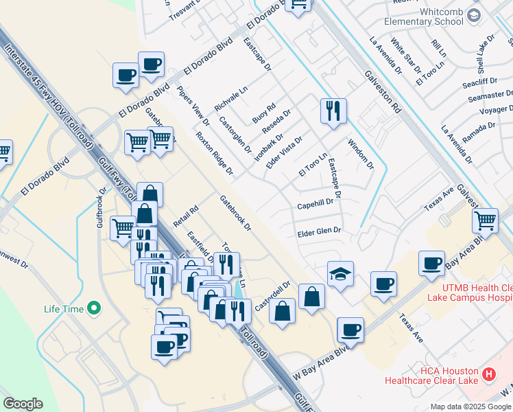 map of restaurants, bars, coffee shops, grocery stores, and more near 307 El Toro Lane in Webster
