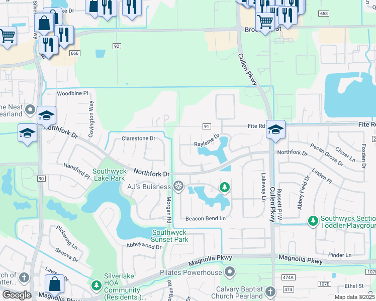 map of restaurants, bars, coffee shops, grocery stores, and more near 3206 Princess Bay Court in Pearland