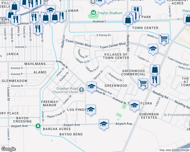 map of restaurants, bars, coffee shops, grocery stores, and more near 1810 Manor Circle in Rosenberg