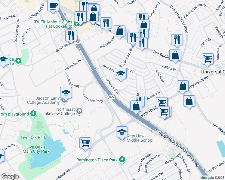map of restaurants, bars, coffee shops, grocery stores, and more near 214 Amistad Boulevard in Universal City