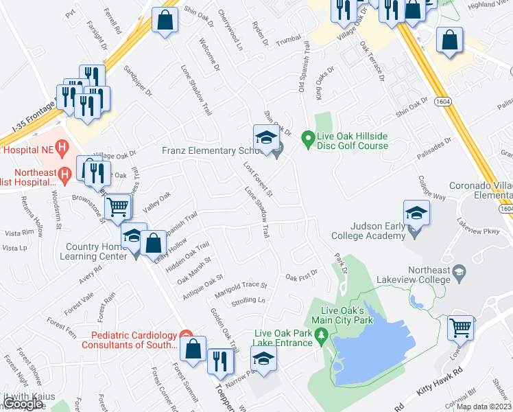 map of restaurants, bars, coffee shops, grocery stores, and more near 12213 Lone Shadow Trail in Live Oak