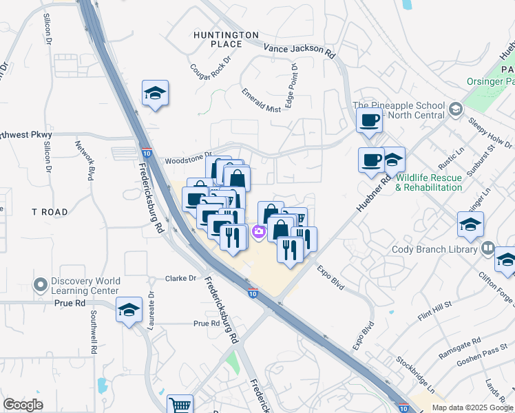 map of restaurants, bars, coffee shops, grocery stores, and more near 11138 Huebner Oaks in San Antonio