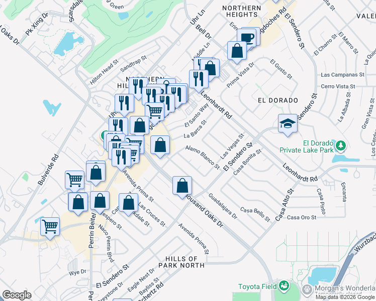 map of restaurants, bars, coffee shops, grocery stores, and more near 11910 Alamo Blanco Street in San Antonio
