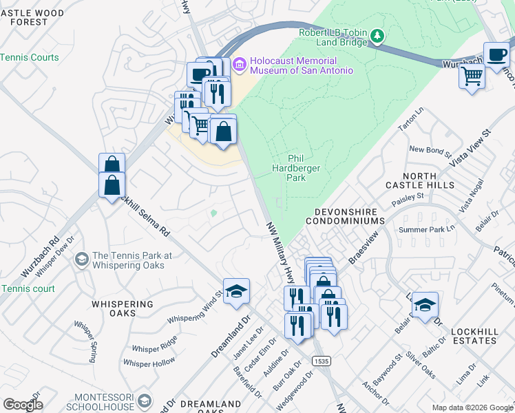 map of restaurants, bars, coffee shops, grocery stores, and more near 11934 Tokyo in San Antonio