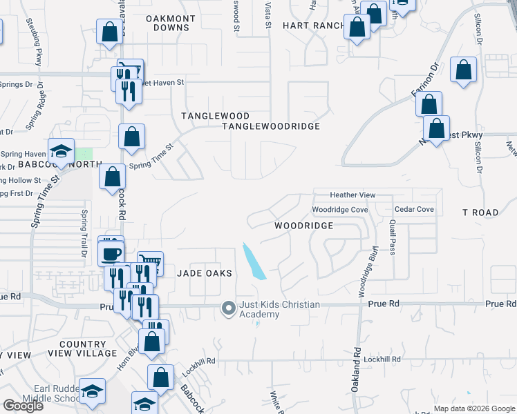 map of restaurants, bars, coffee shops, grocery stores, and more near 11547 Wood Harbor in San Antonio
