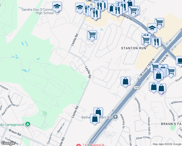 map of restaurants, bars, coffee shops, grocery stores, and more near 11411 Faywood in Helotes