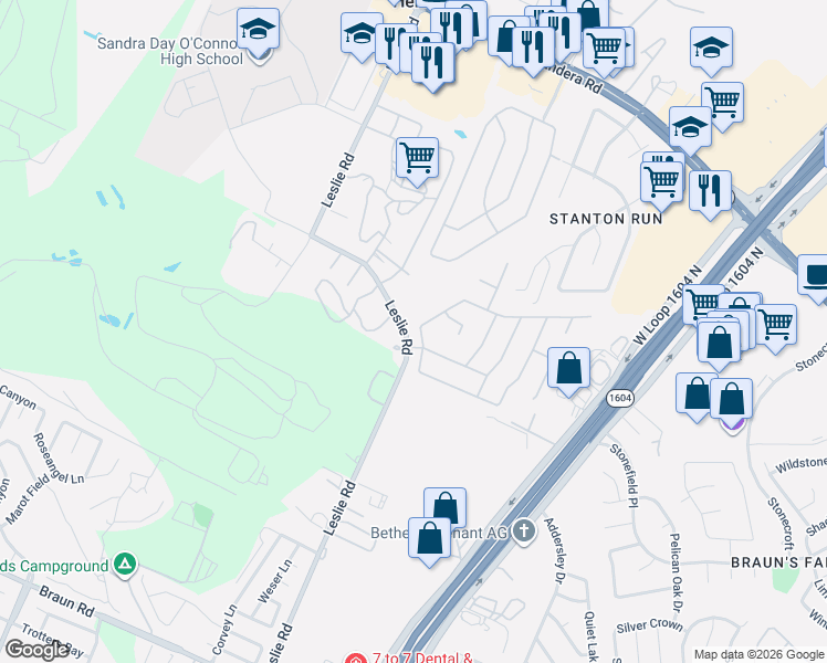 map of restaurants, bars, coffee shops, grocery stores, and more near 11411 Faywood in Helotes
