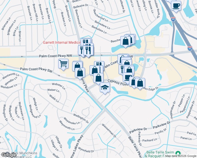 map of restaurants, bars, coffee shops, grocery stores, and more near 85 Cypress Point Parkway in Palm Coast