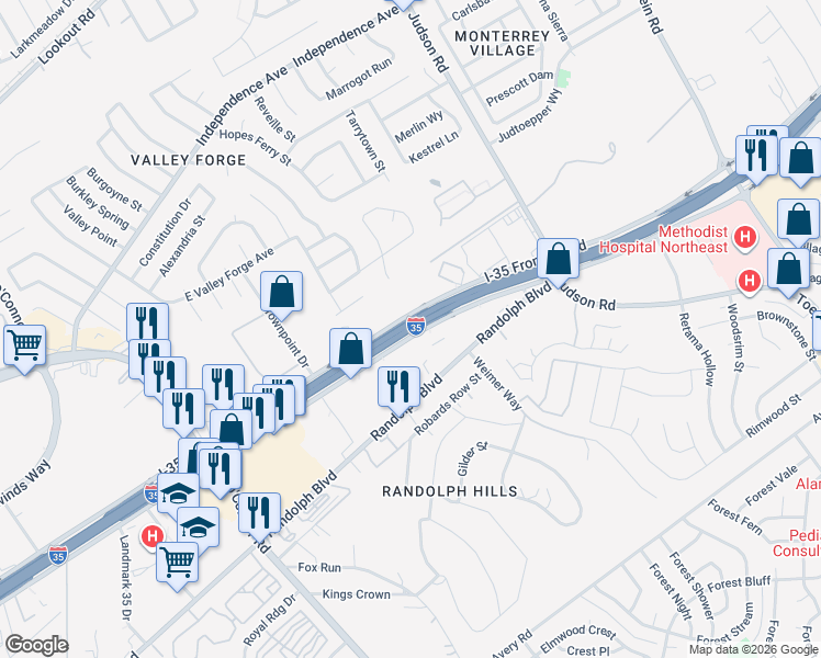 map of restaurants, bars, coffee shops, grocery stores, and more near Austin Highway in San Antonio