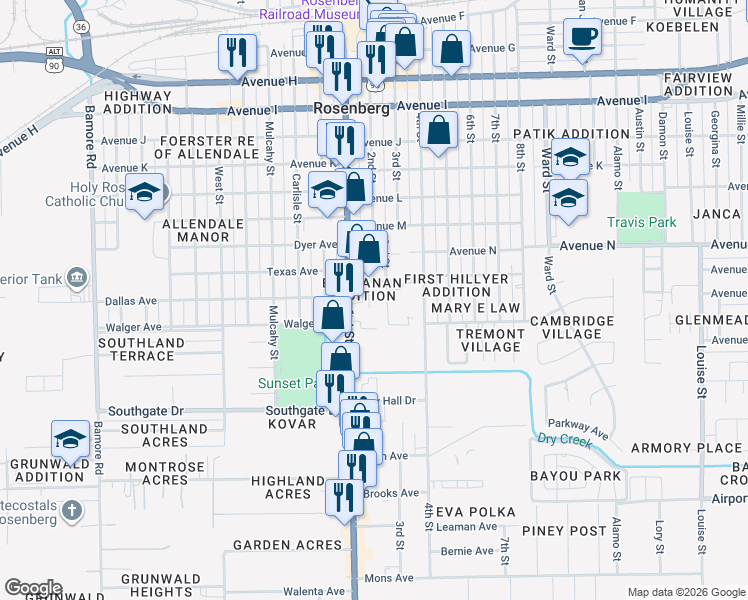 map of restaurants, bars, coffee shops, grocery stores, and more near 1805 2nd Street in Rosenberg