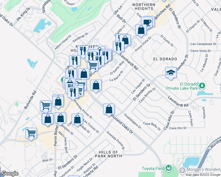 map of restaurants, bars, coffee shops, grocery stores, and more near 11910 Alamo Blanco Street in San Antonio