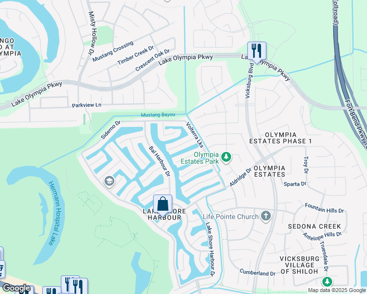 map of restaurants, bars, coffee shops, grocery stores, and more near 3731 Venosa Court in Missouri City