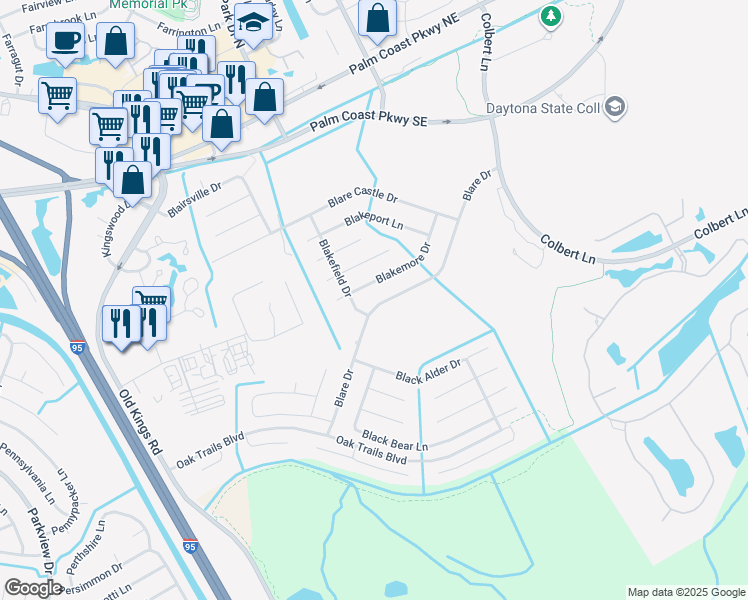 map of restaurants, bars, coffee shops, grocery stores, and more near 77 Blare Drive in Palm Coast