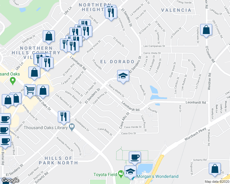 map of restaurants, bars, coffee shops, grocery stores, and more near 5026 Sierra Madre Drive in San Antonio