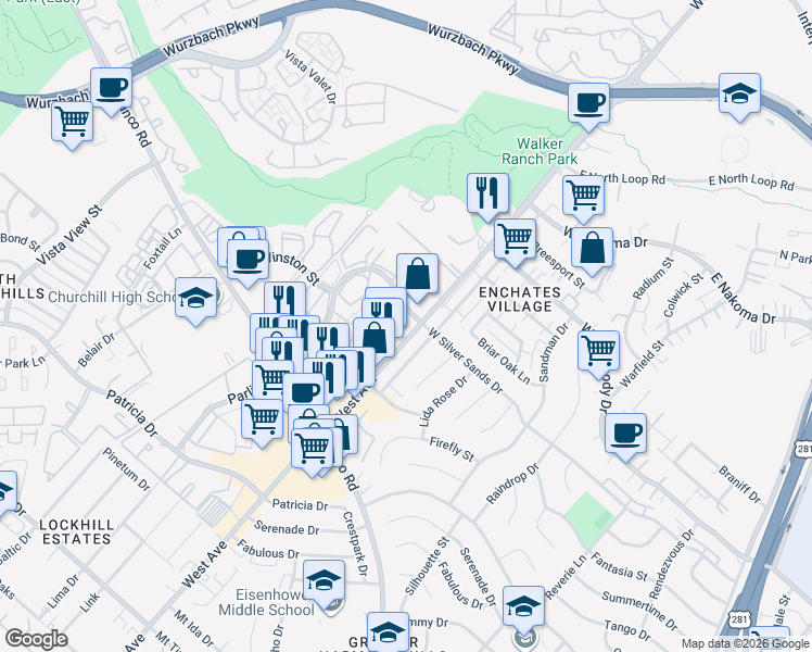 map of restaurants, bars, coffee shops, grocery stores, and more near 11845 West Avenue in San Antonio