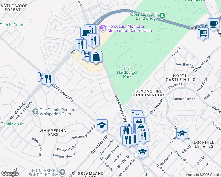 map of restaurants, bars, coffee shops, grocery stores, and more near 11934 Tokyo in San Antonio