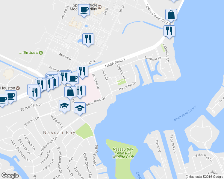 map of restaurants, bars, coffee shops, grocery stores, and more near 2401 Baycrest Dr in Houston