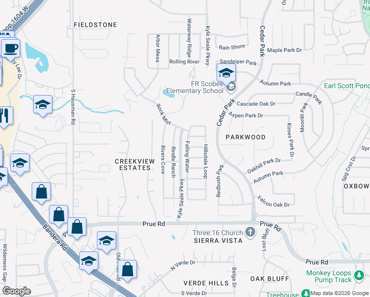 map of restaurants, bars, coffee shops, grocery stores, and more near 11019 Falling Water in San Antonio