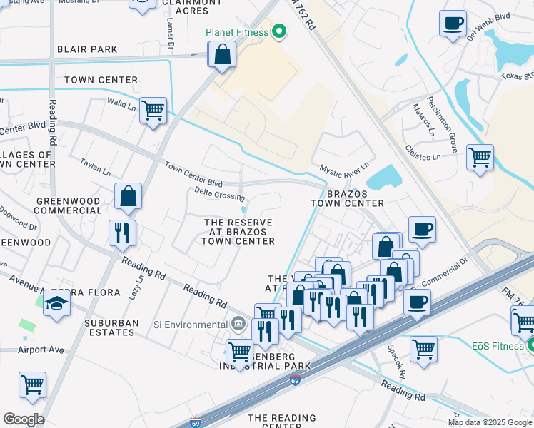 map of restaurants, bars, coffee shops, grocery stores, and more near 1311 Bell Ridge Lane in Rosenberg