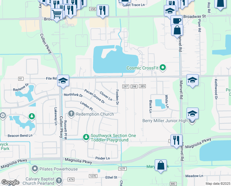 map of restaurants, bars, coffee shops, grocery stores, and more near 2534 Foxden Drive in Pearland
