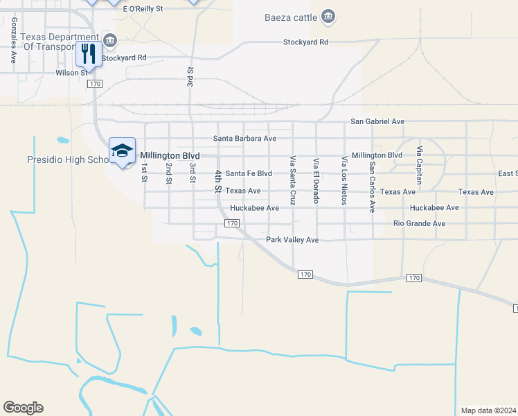 map of restaurants, bars, coffee shops, grocery stores, and more near Huckabee Avenue in Presidio