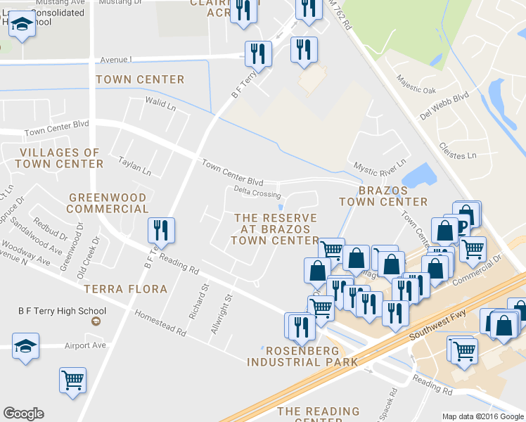 map of restaurants, bars, coffee shops, grocery stores, and more near 6407 Archer Ranch Lane in Rosenberg