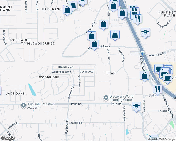 map of restaurants, bars, coffee shops, grocery stores, and more near 5727 Cedar Cove in San Antonio