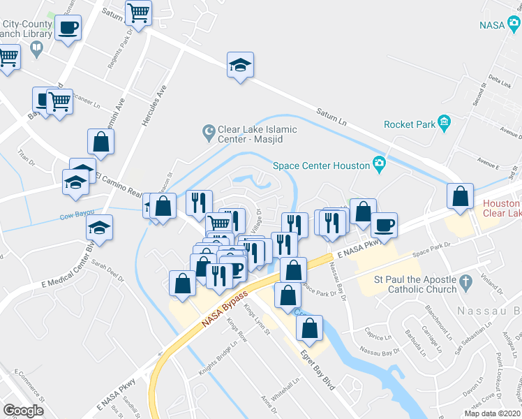 map of restaurants, bars, coffee shops, grocery stores, and more near 1275 El Camino Village Drive in Houston