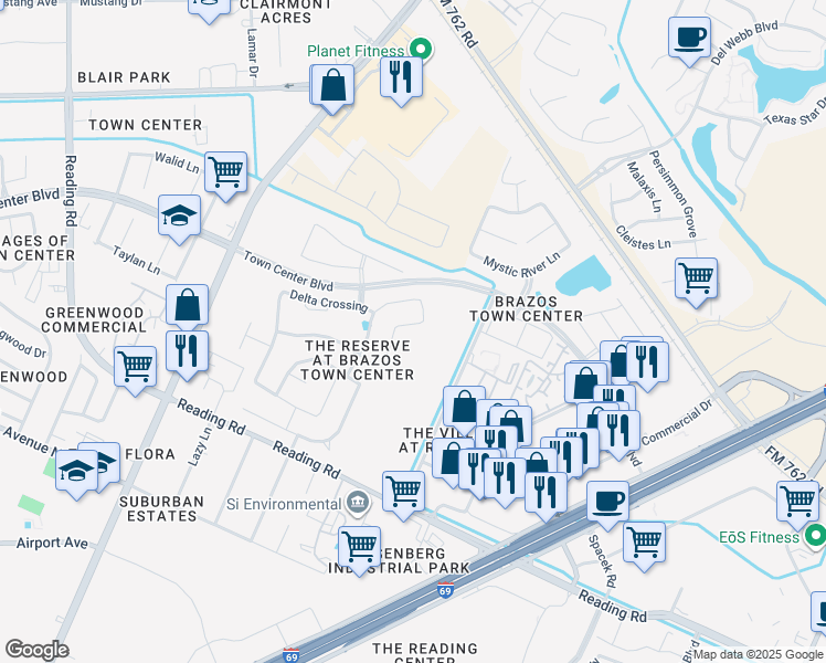 map of restaurants, bars, coffee shops, grocery stores, and more near 1311 Bell Ridge Ln in Rosenberg