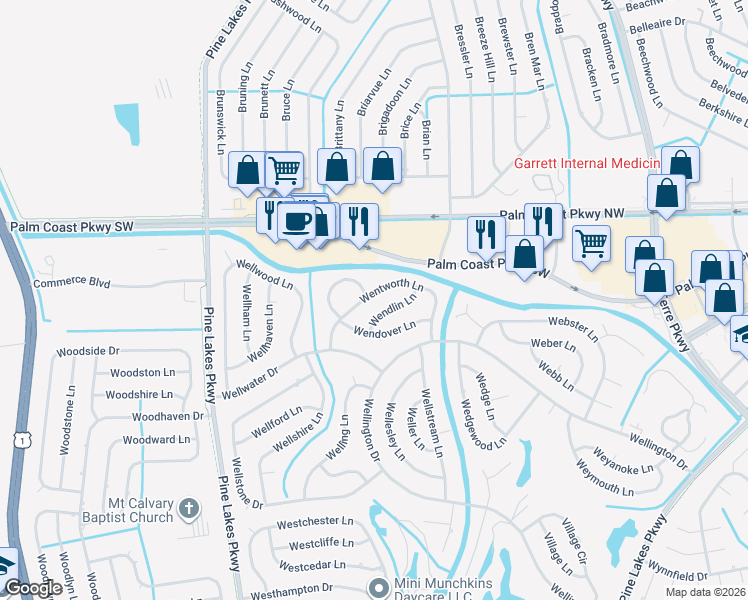 map of restaurants, bars, coffee shops, grocery stores, and more near 40 Wentworth Lane in Palm Coast
