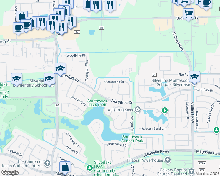 map of restaurants, bars, coffee shops, grocery stores, and more near 2414 Hanston Court in Pearland