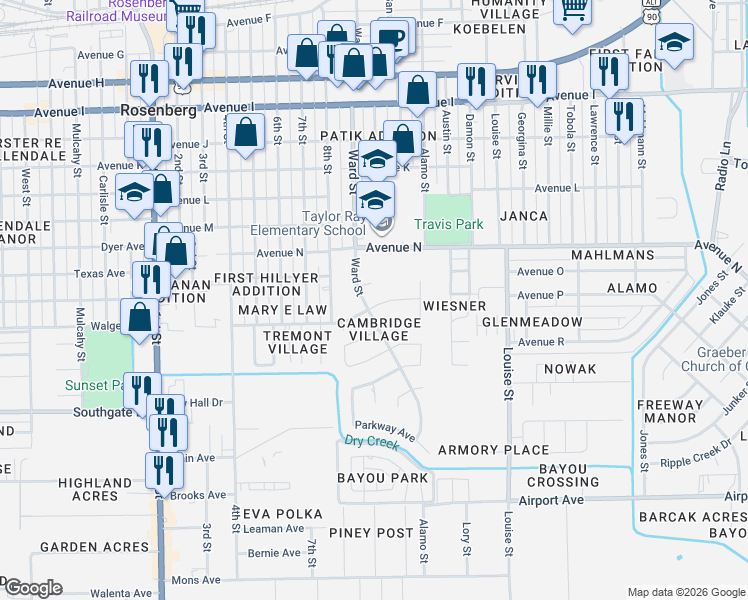 map of restaurants, bars, coffee shops, grocery stores, and more near 2709 Parrott Avenue in Rosenberg