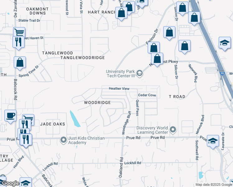 map of restaurants, bars, coffee shops, grocery stores, and more near 5935 Woodridge Cove in San Antonio