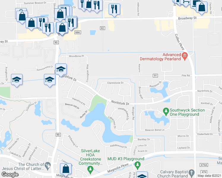 map of restaurants, bars, coffee shops, grocery stores, and more near 2414 Hanston Court in Pearland