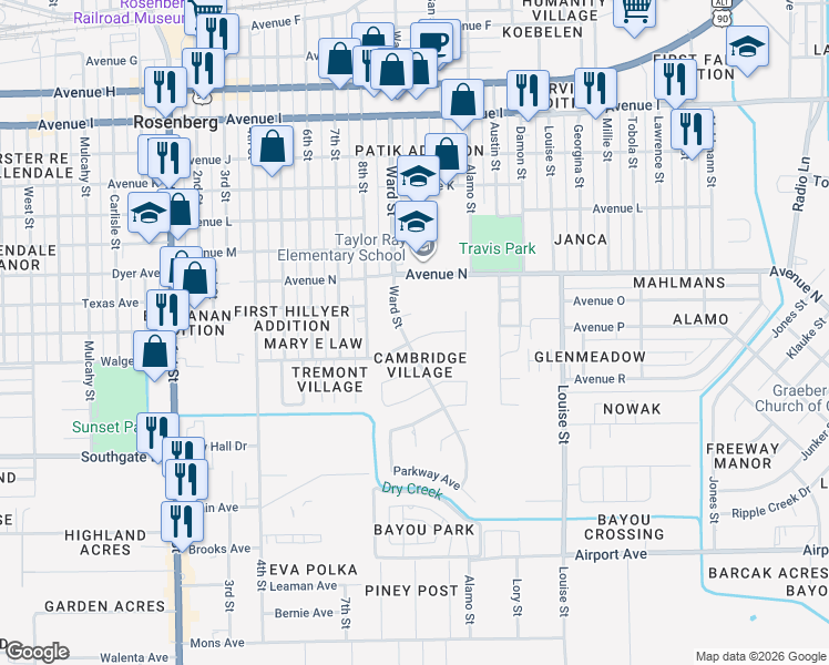 map of restaurants, bars, coffee shops, grocery stores, and more near 2709 Parrott Avenue in Rosenberg