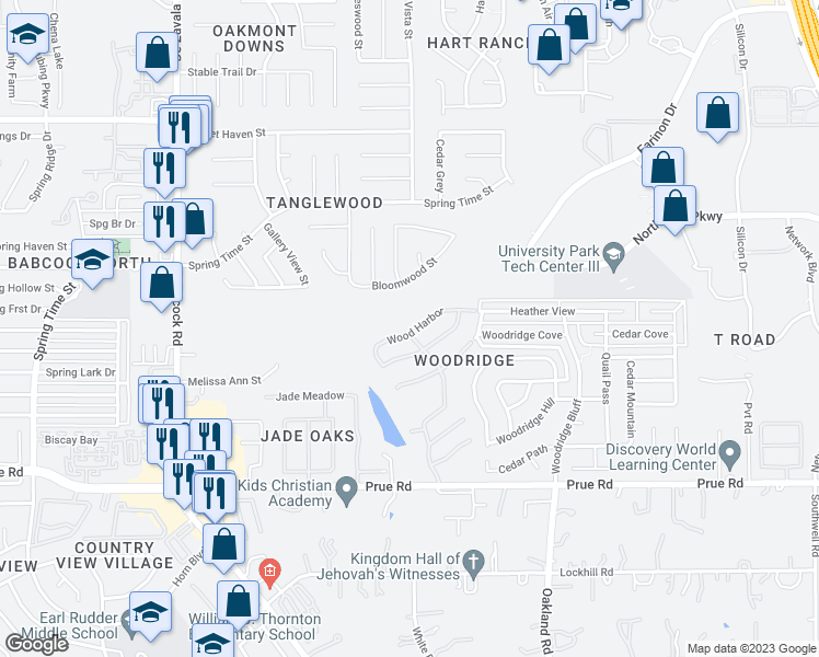 map of restaurants, bars, coffee shops, grocery stores, and more near 11603 Wood Harbor in San Antonio