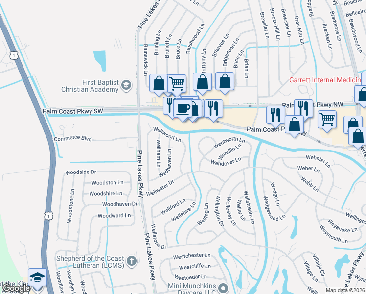 map of restaurants, bars, coffee shops, grocery stores, and more near 119 Wellwood Lane in Palm Coast